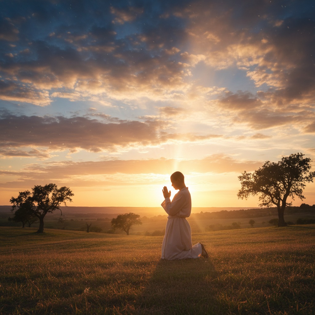 A person in a white robe kneels in a grassy field with hands clasped in prayer during a golden sunset.