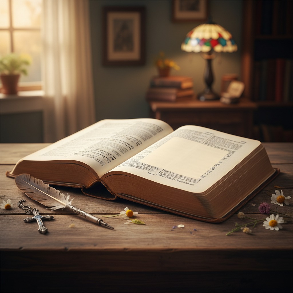 An open book lies on a wooden table next to a feather quill, a small cross, and scattered daisies in a cozy, dimly lit room.
